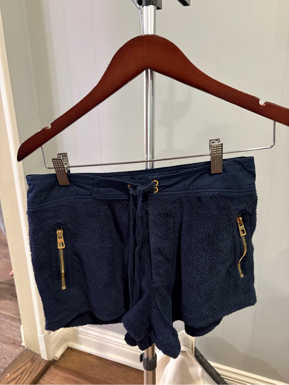 Tory Burch Navy Plush Drawstring Shorts with Gold Zippers